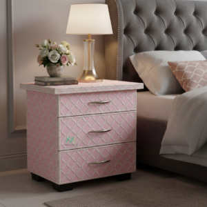Bone Inlay Pink Bedside Table with 3 Drawer