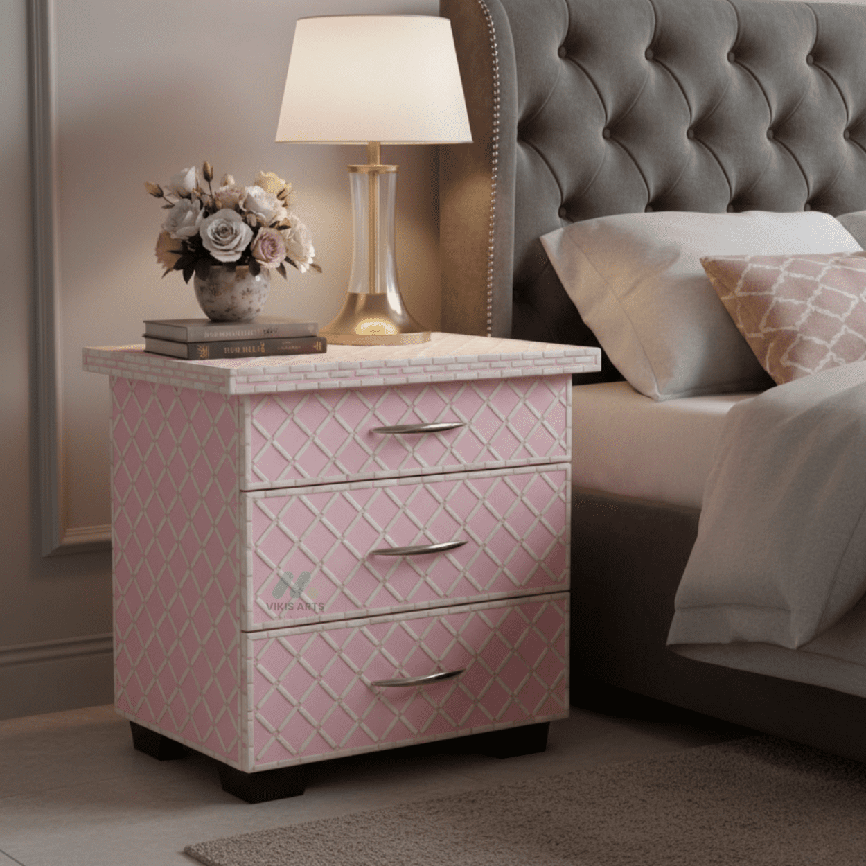 Bone Inlay Pink Bedside Table with 3 Drawer
