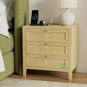 Bone Inlay Yellow Bedside Table with 3 Drawers