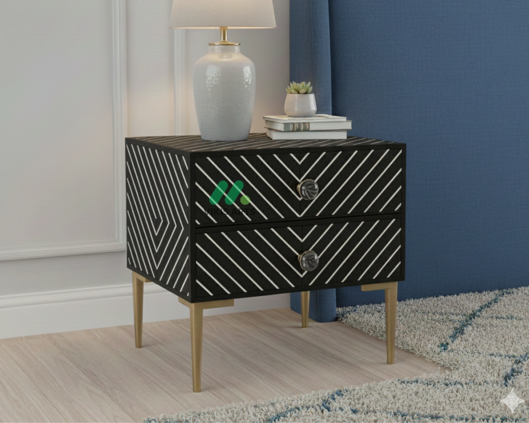 Bone inlay Black bedside table with 2 Drawers
