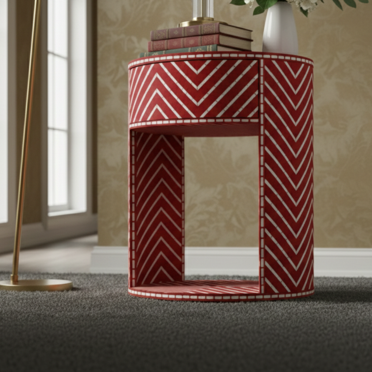 Bone Inlay Red Round Bedside Table - Image 4