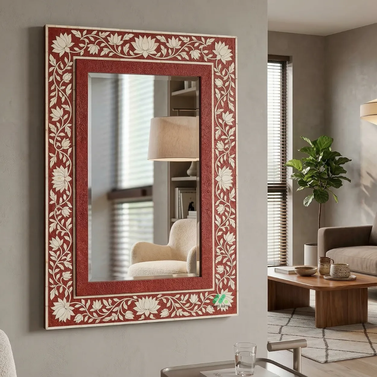 Bone Inlay Red Square Mirror Frame