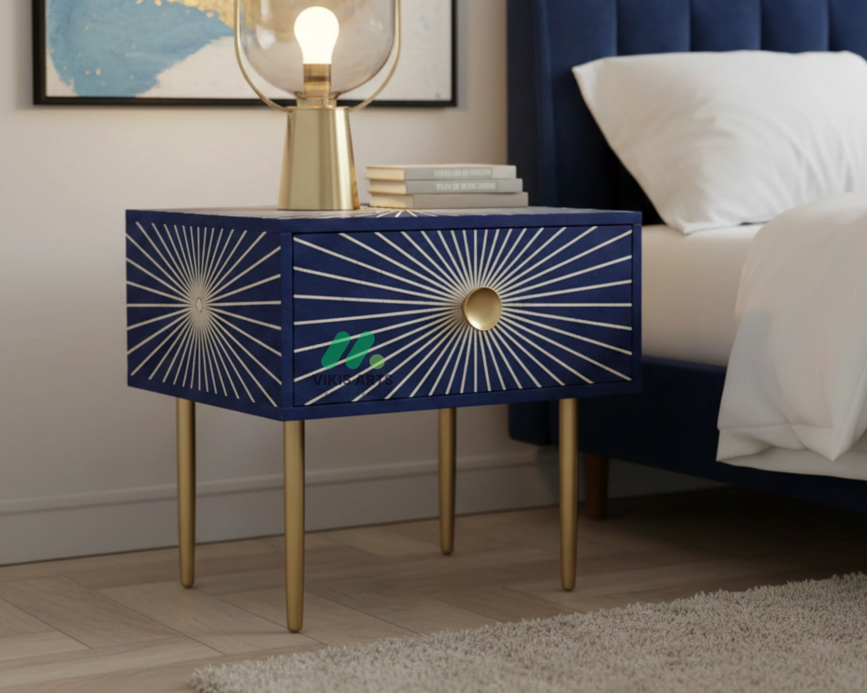 Bone inlay Blue bedside table with 1 Drawer