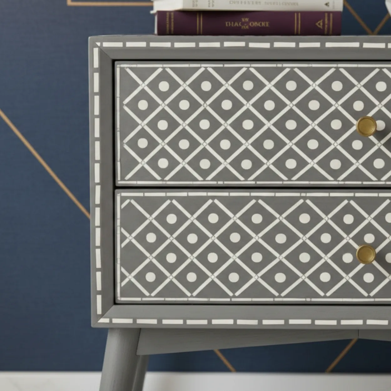 Bone Inlay Grey bedside table with 2 Drawer - Image 4