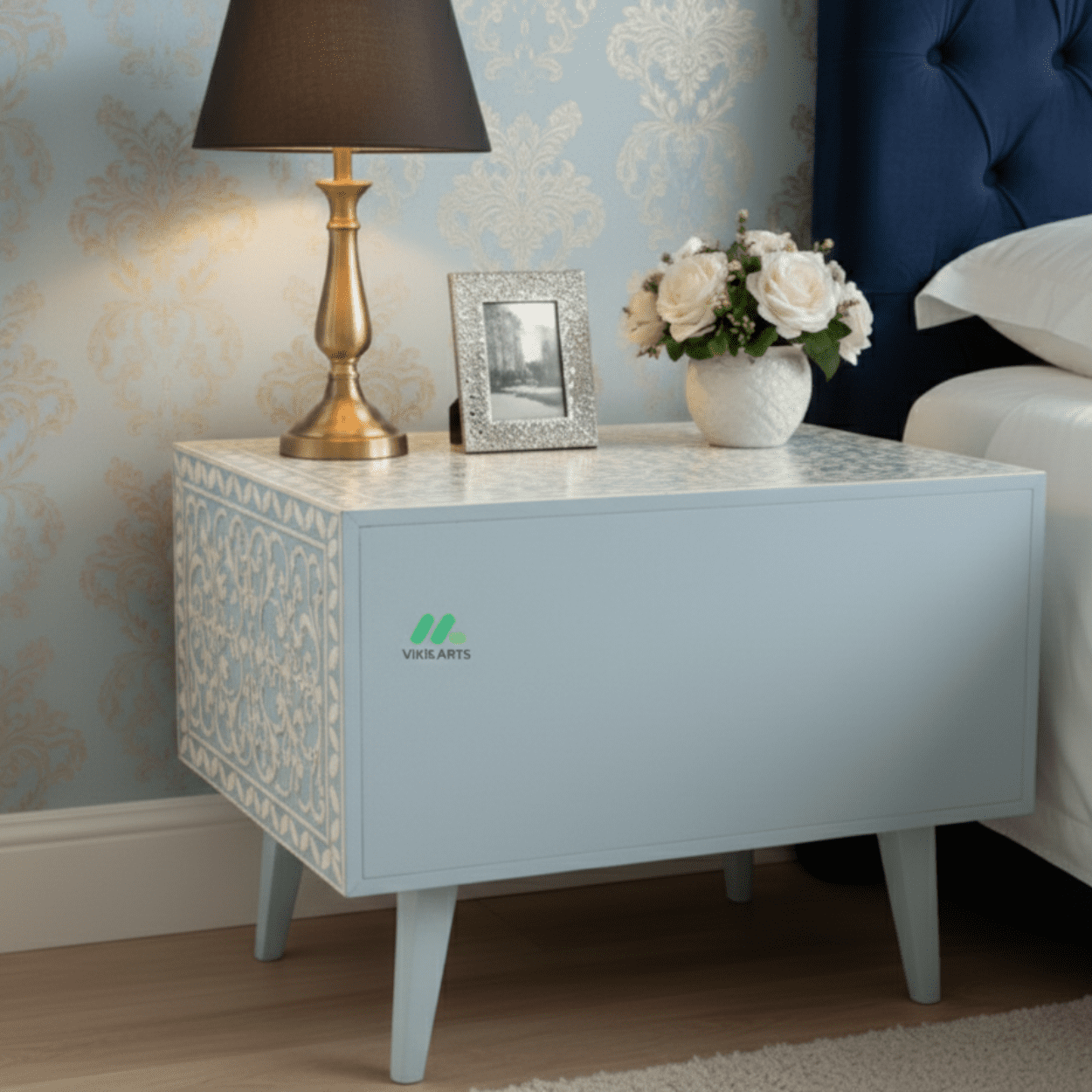 Bone Inlay Light Blue Bedside Table with Drawer - Image 2