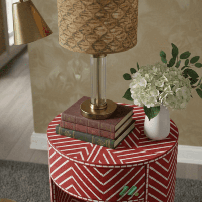 Bone Inlay Red Round Bedside Table - Image 5
