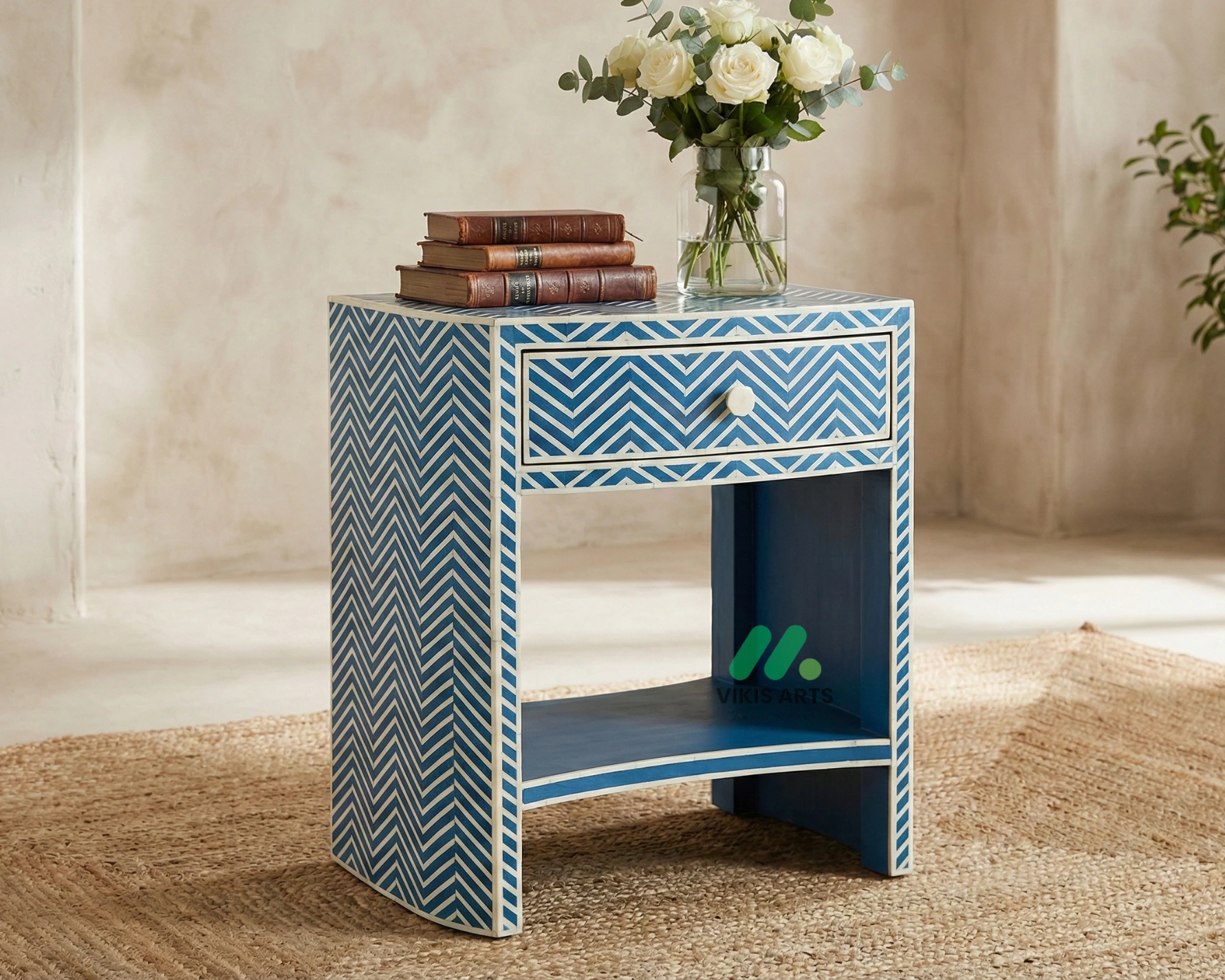 Bone inlay Blue bedside table with 1 Drawer