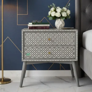 Bone Inlay Grey bedside table with 2 Drawer