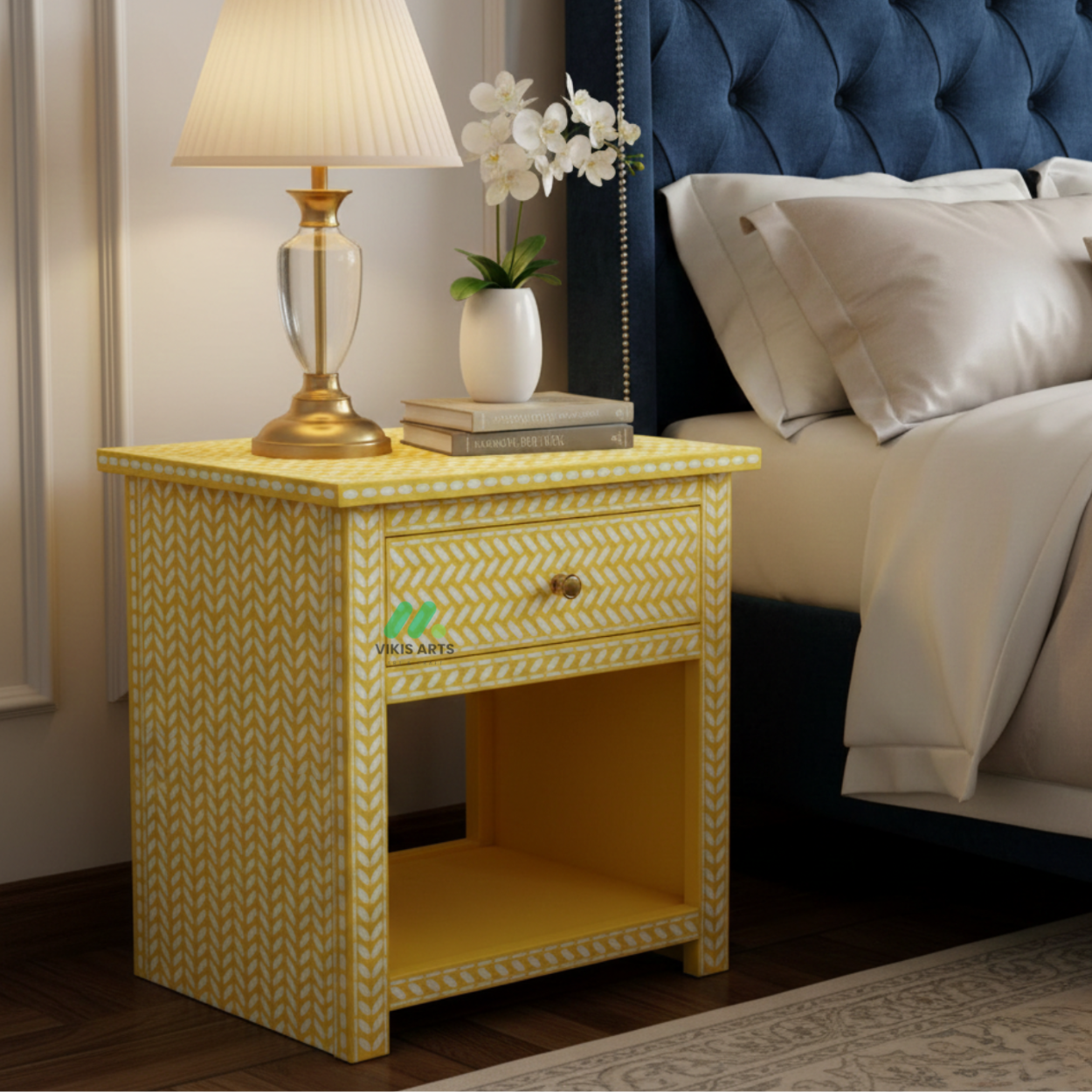 Bone Inlay Yellow Bedside Table with 1 Drawer