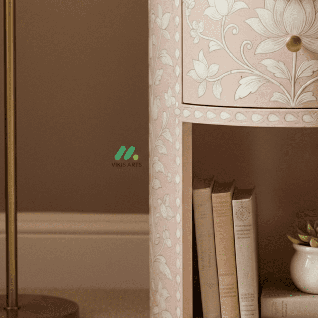 Bone Inlay Pink Round Bedside Table - Image 5