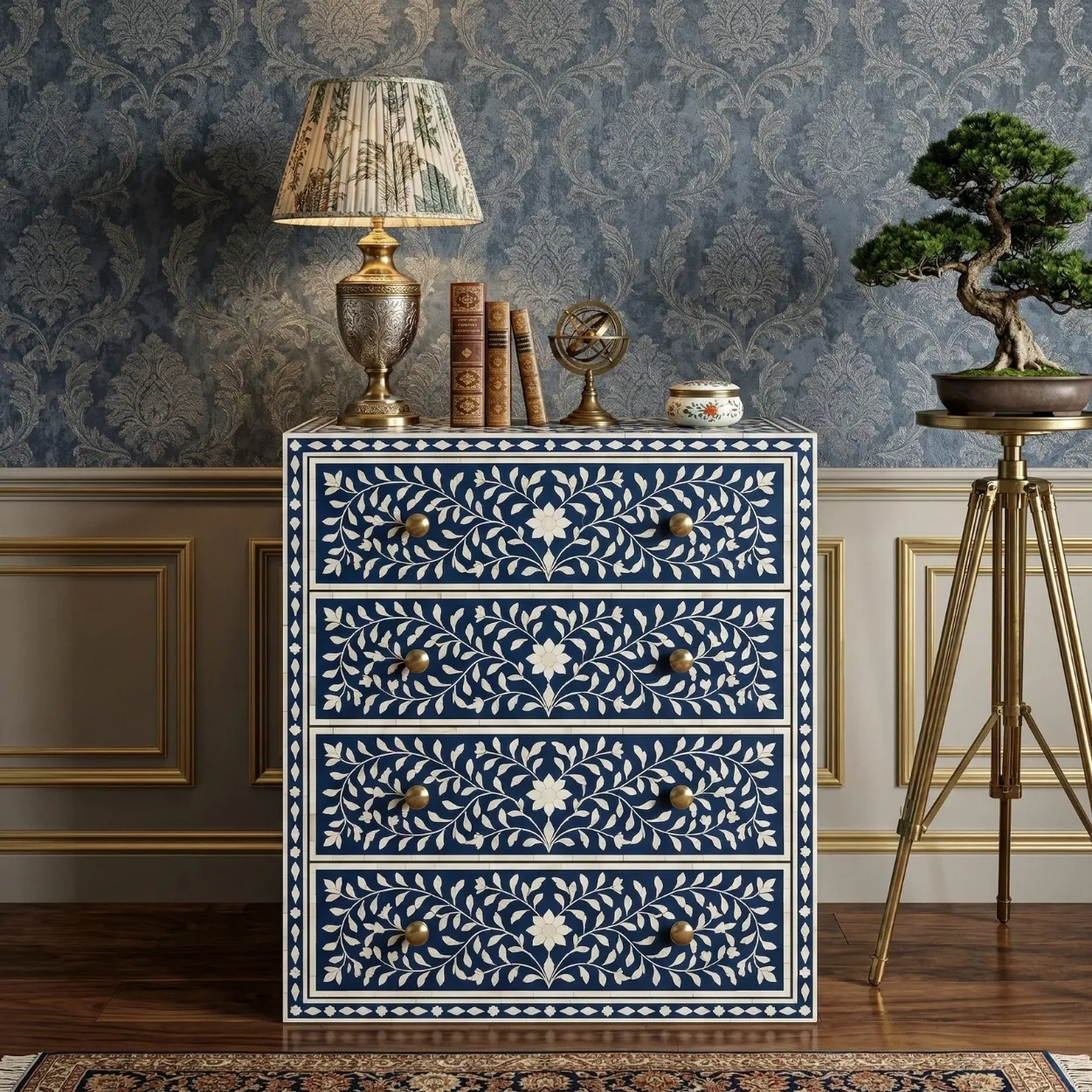 Bone Inlay Navy Blue 4 Chest of Drawer