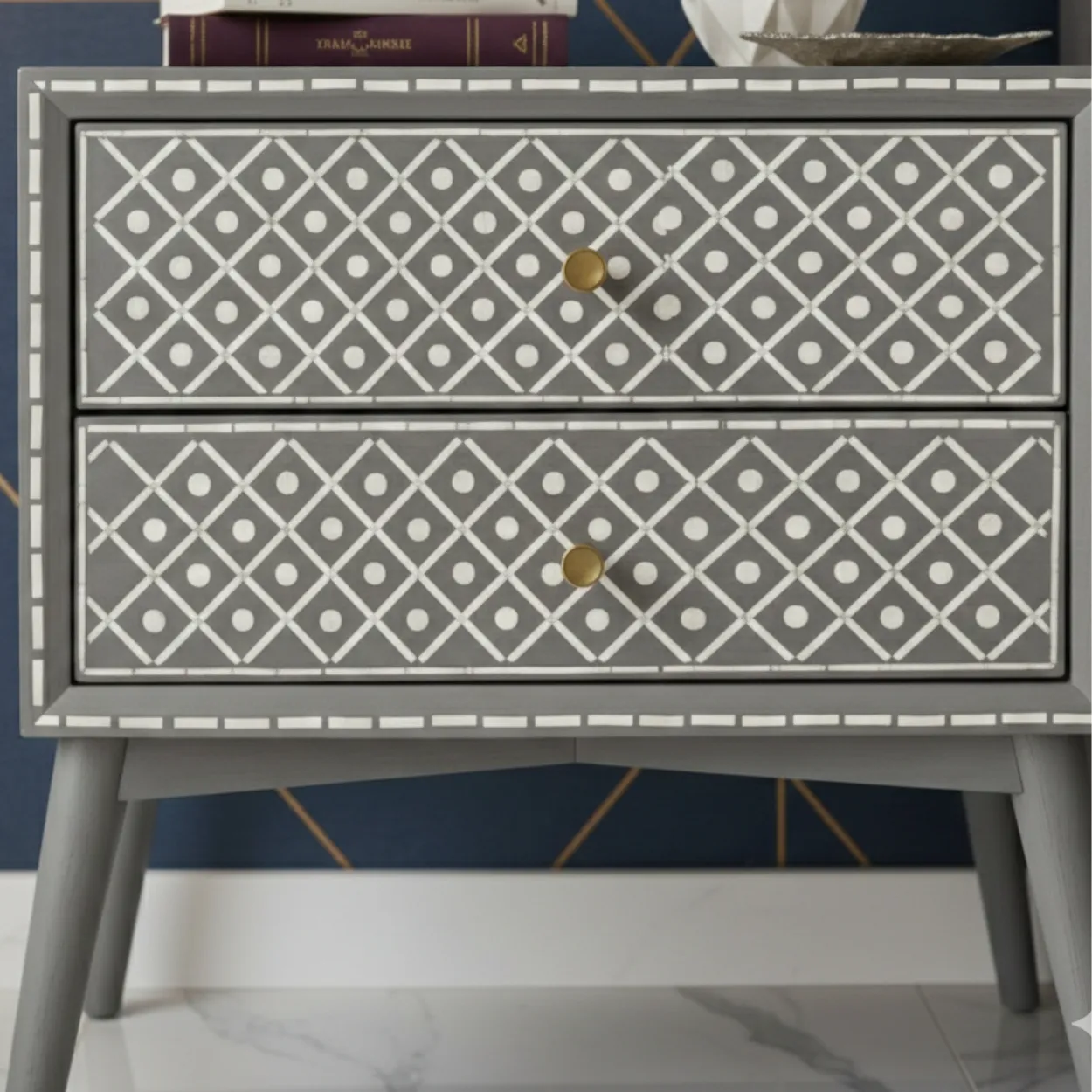 Bone Inlay Grey bedside table with 2 Drawer - Image 5
