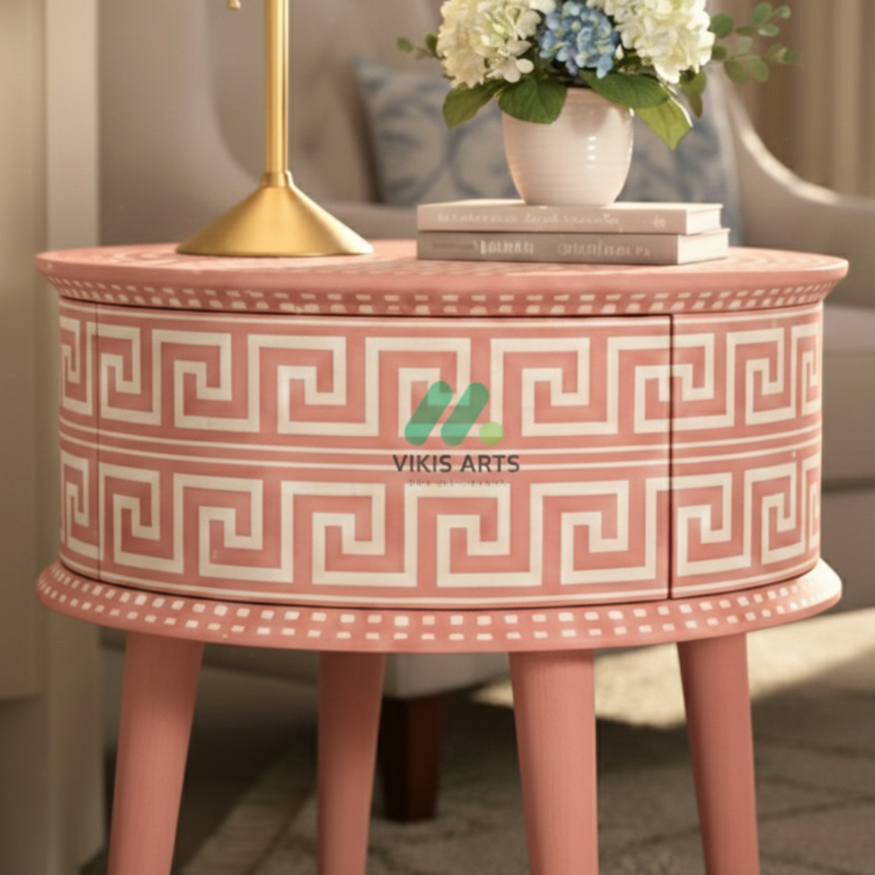 Bone Inlay Pink Round Bedside Table - Image 4