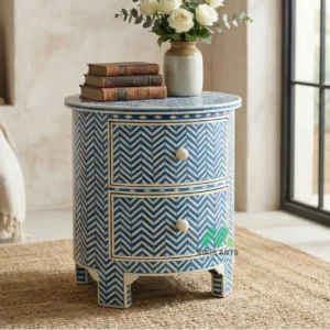 Bone Inlay Blue Round bedside table with 2 Drawer