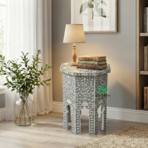 Bone Inlay Grey Round bedside table