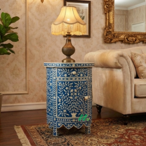 Bone inlay Round Blue bedside table with 2 Drawers