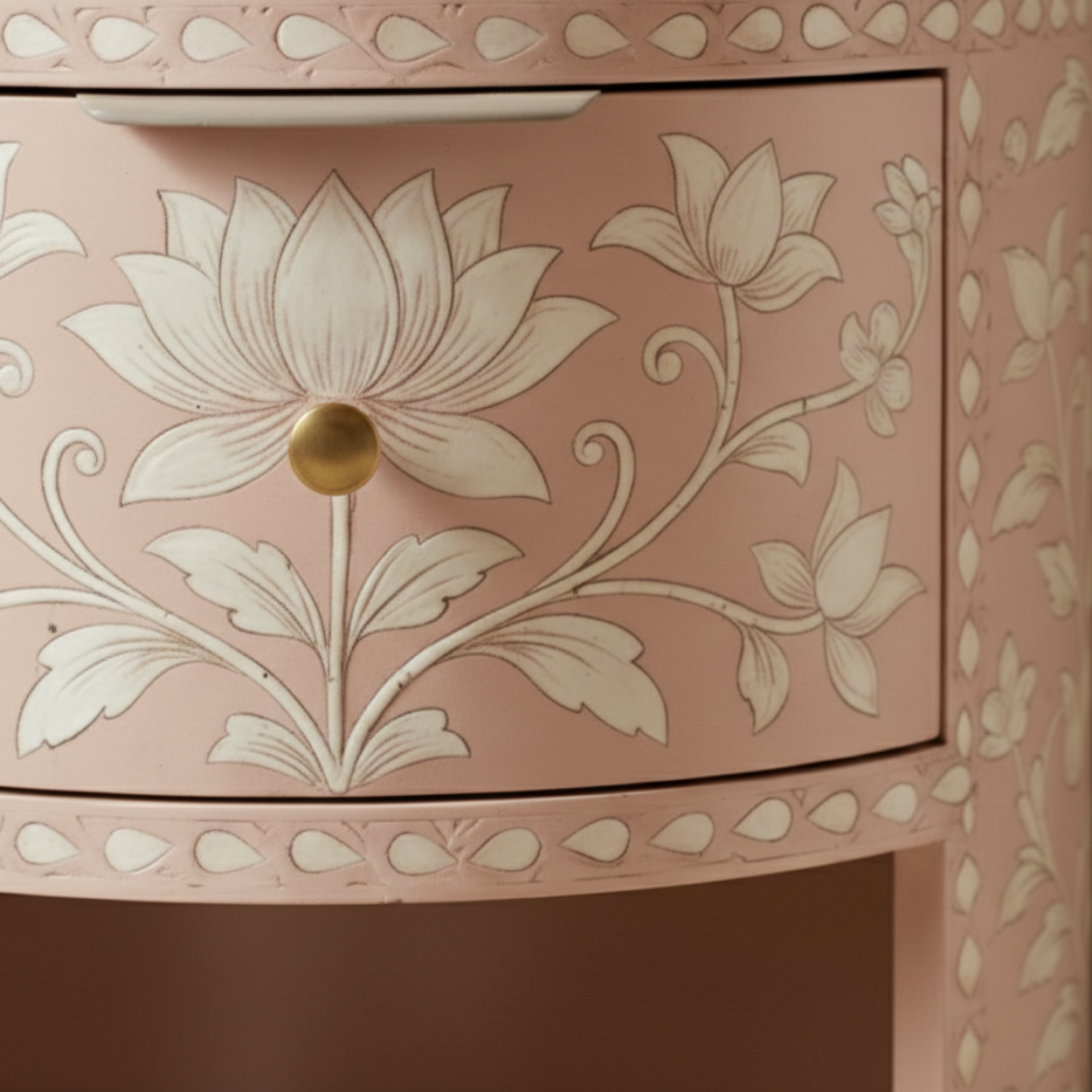 Bone Inlay Pink Round Bedside Table - Image 4