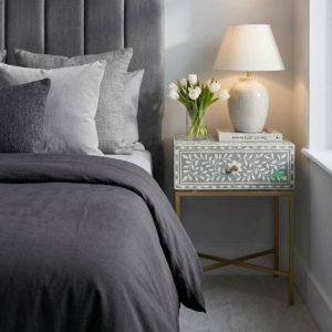 Bone inlay Grey Single Drawer Bedside Table with Brass Leg