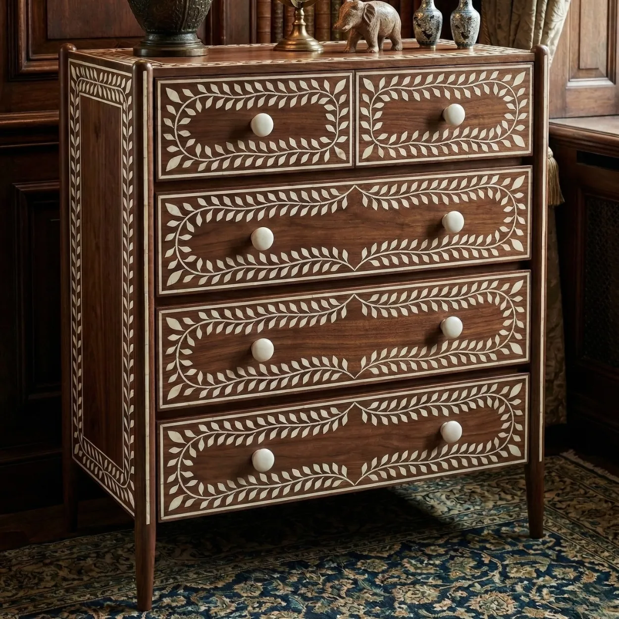 Bone Inlay Wooden 5 Chest of Drawer