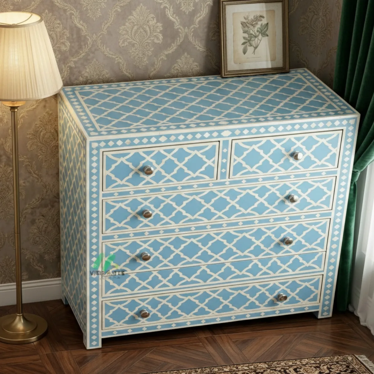 Bone Inlay Blue 5 Chest of Drawer - Image 3