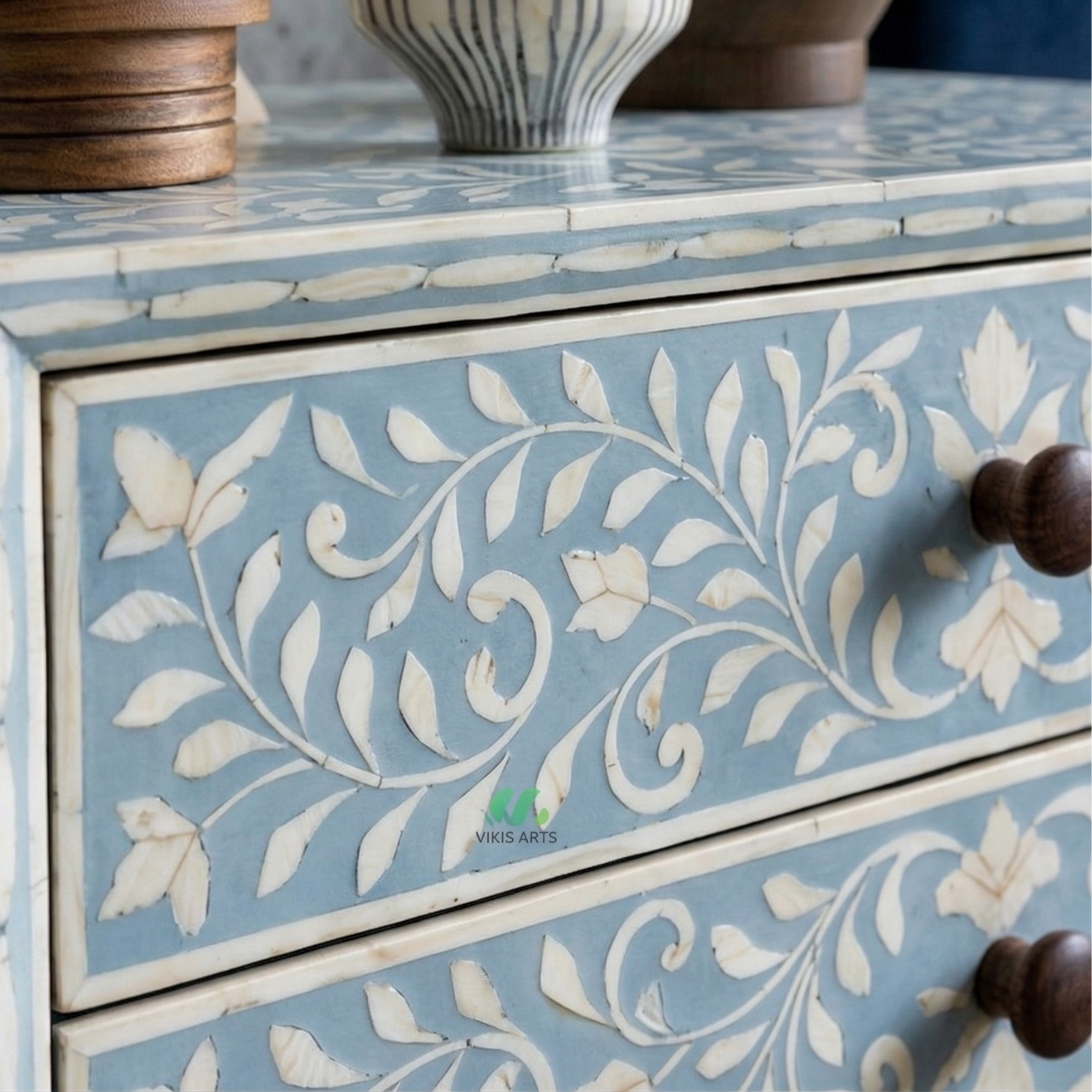 Bone Inlay Light blue Bedside Table with 1 Drawer - Image 5