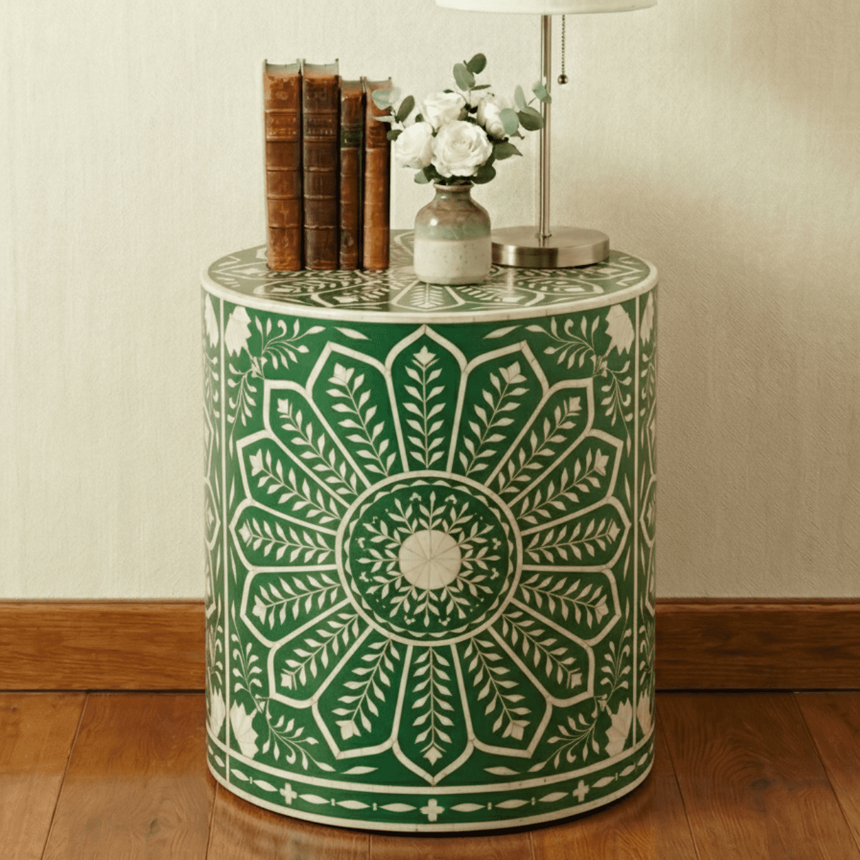 Bone Inlay Green Round bedside table - Image 2