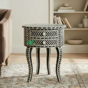 Bone inlay Black Round bedside table with 2 Drawers
