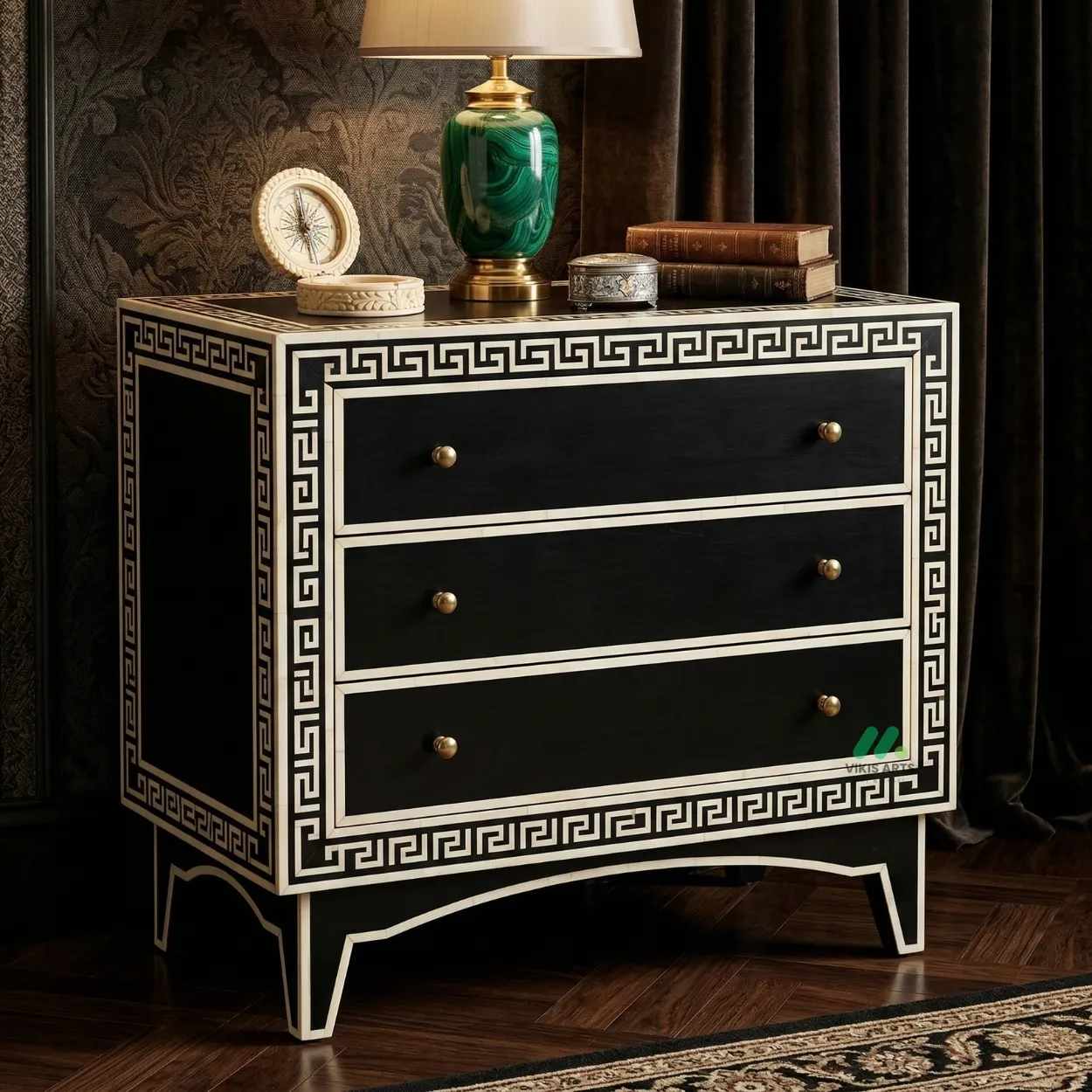 Bone Inlay Black 3 Chest of Drawer
