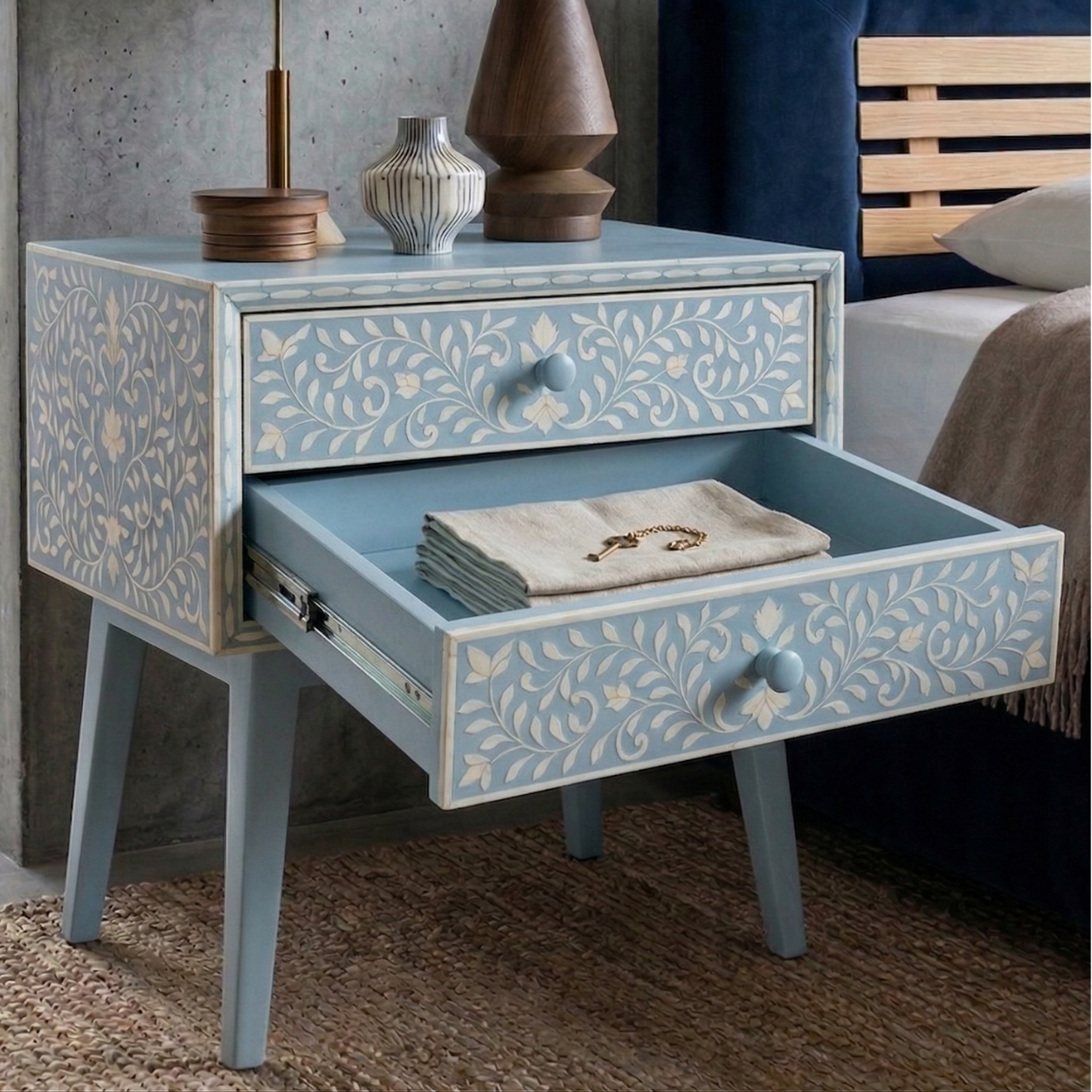 Bone Inlay Light blue Bedside Table with 1 Drawer - Image 4