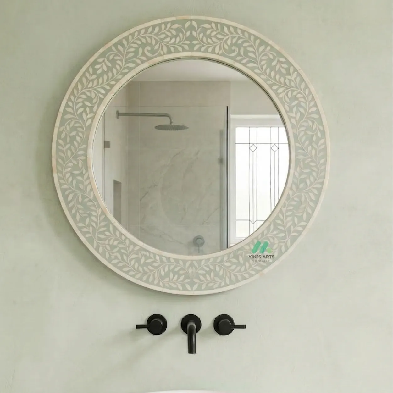 Bone Inlay Light Green Round Mirror Frame