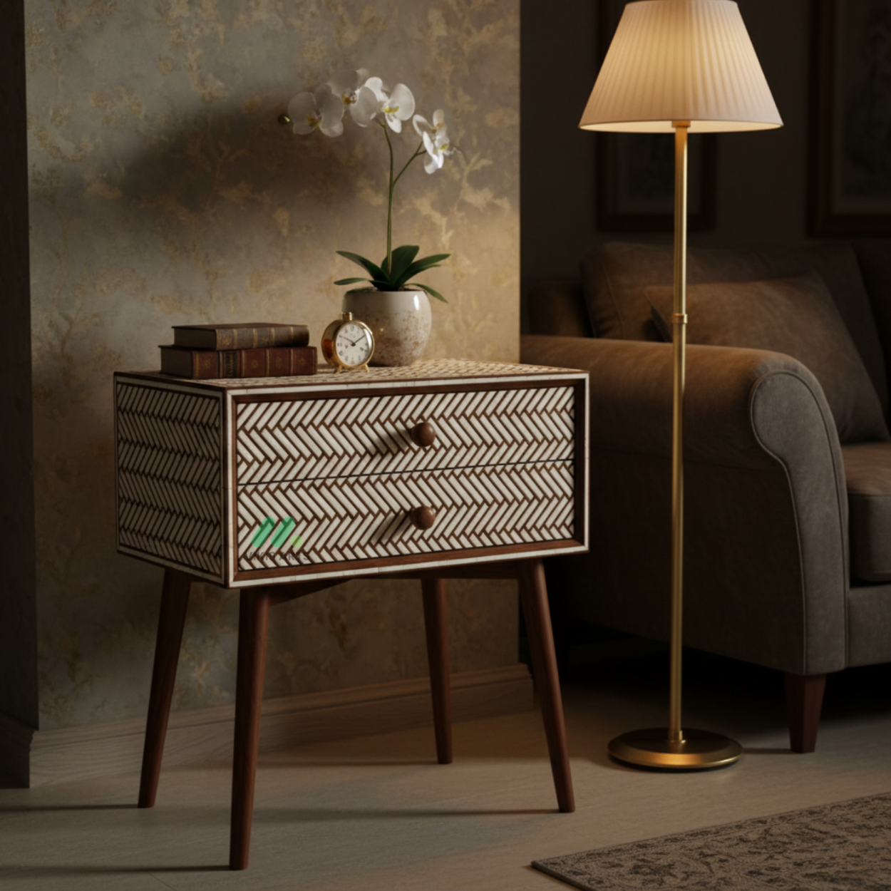 Bone Inlay Brown Bedside Table with 2 Drawer