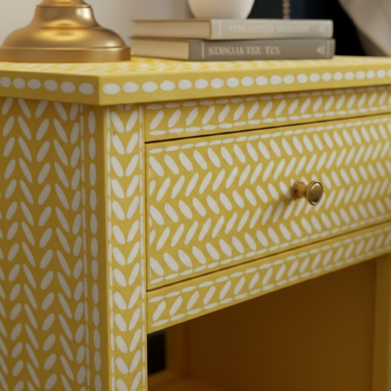 Bone Inlay Yellow Bedside Table with 1 Drawer - Image 4