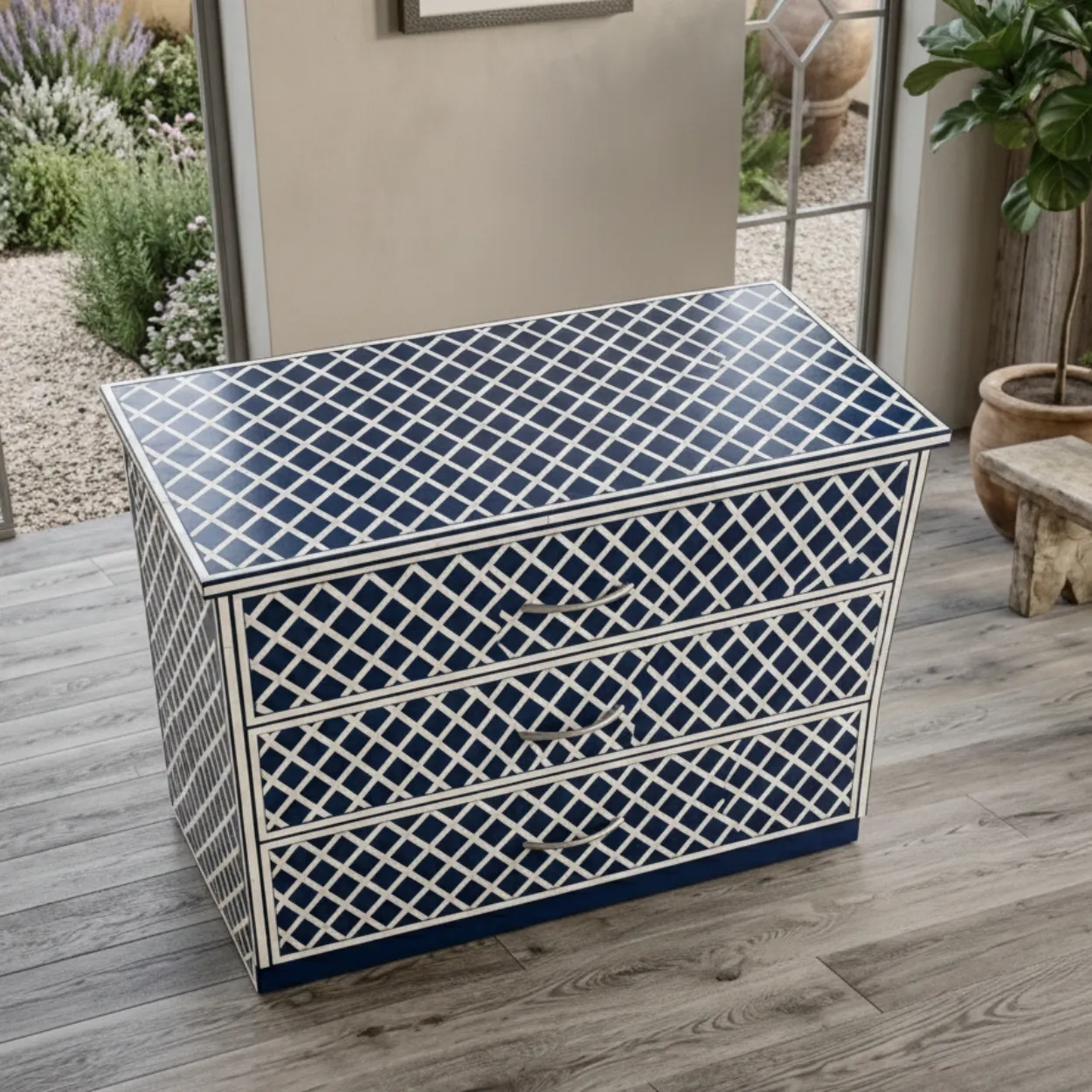 Bone Inlay Navy Blue 3 Chest of Drawer - Image 3