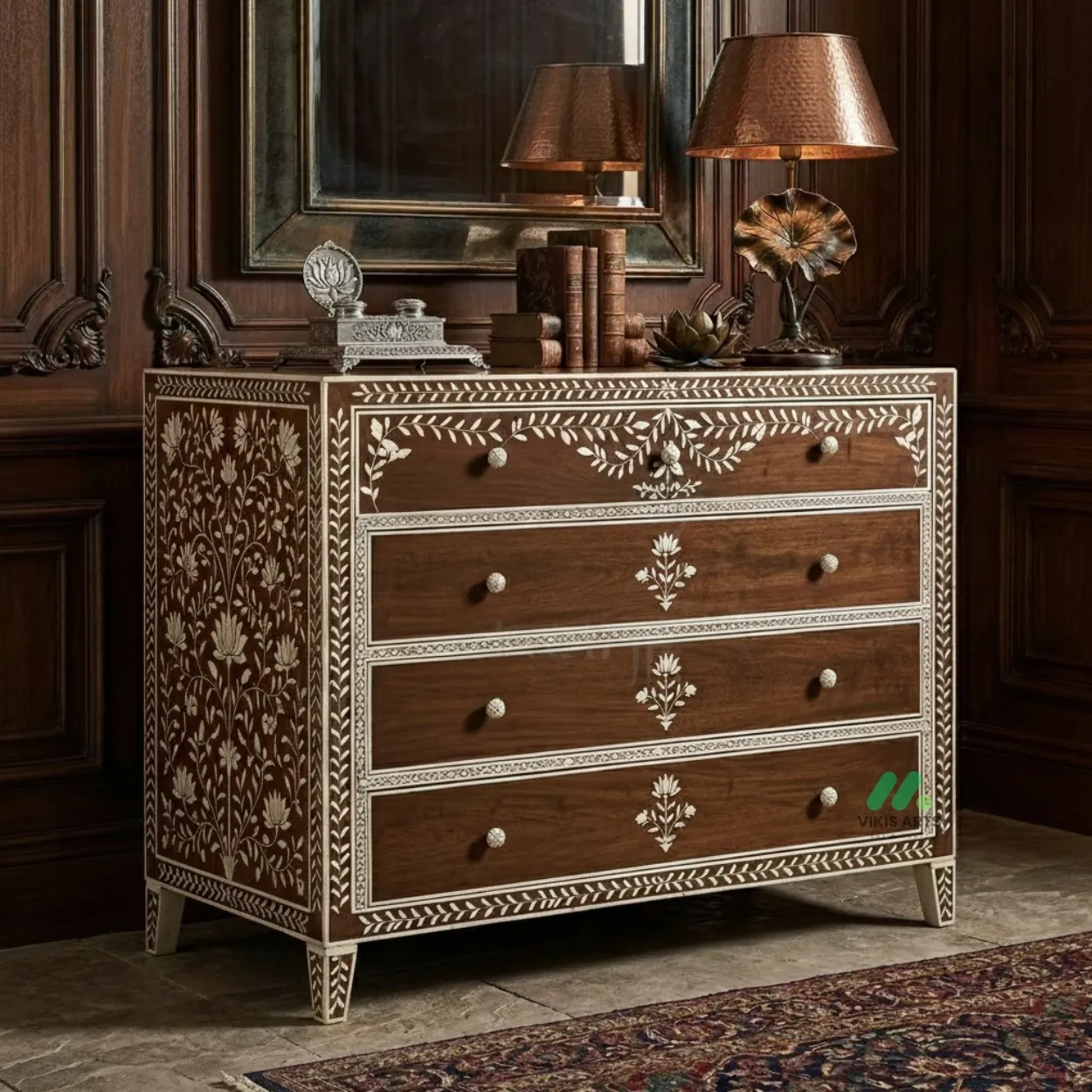 Bone Inlay Wooden 4 Chest of Drawer