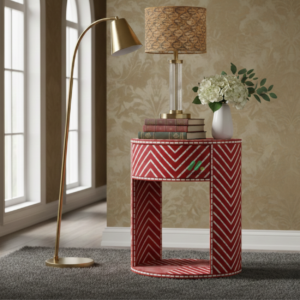 Bone Inlay Red Round Bedside Table