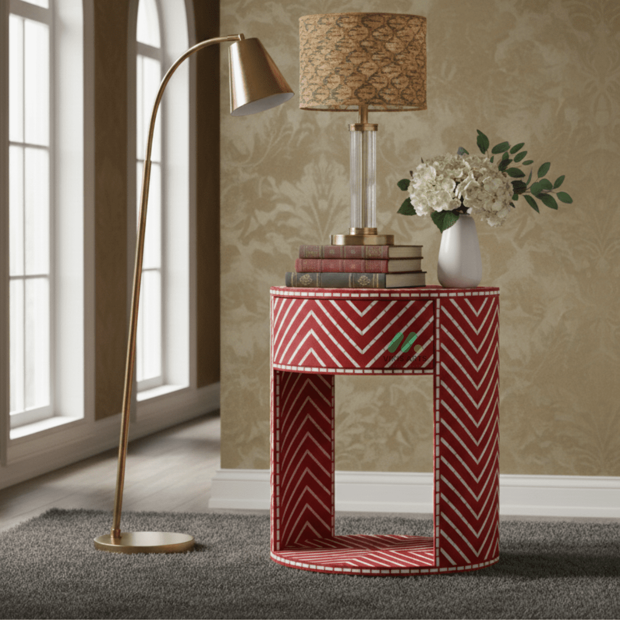 Bone Inlay Red Round Bedside Table