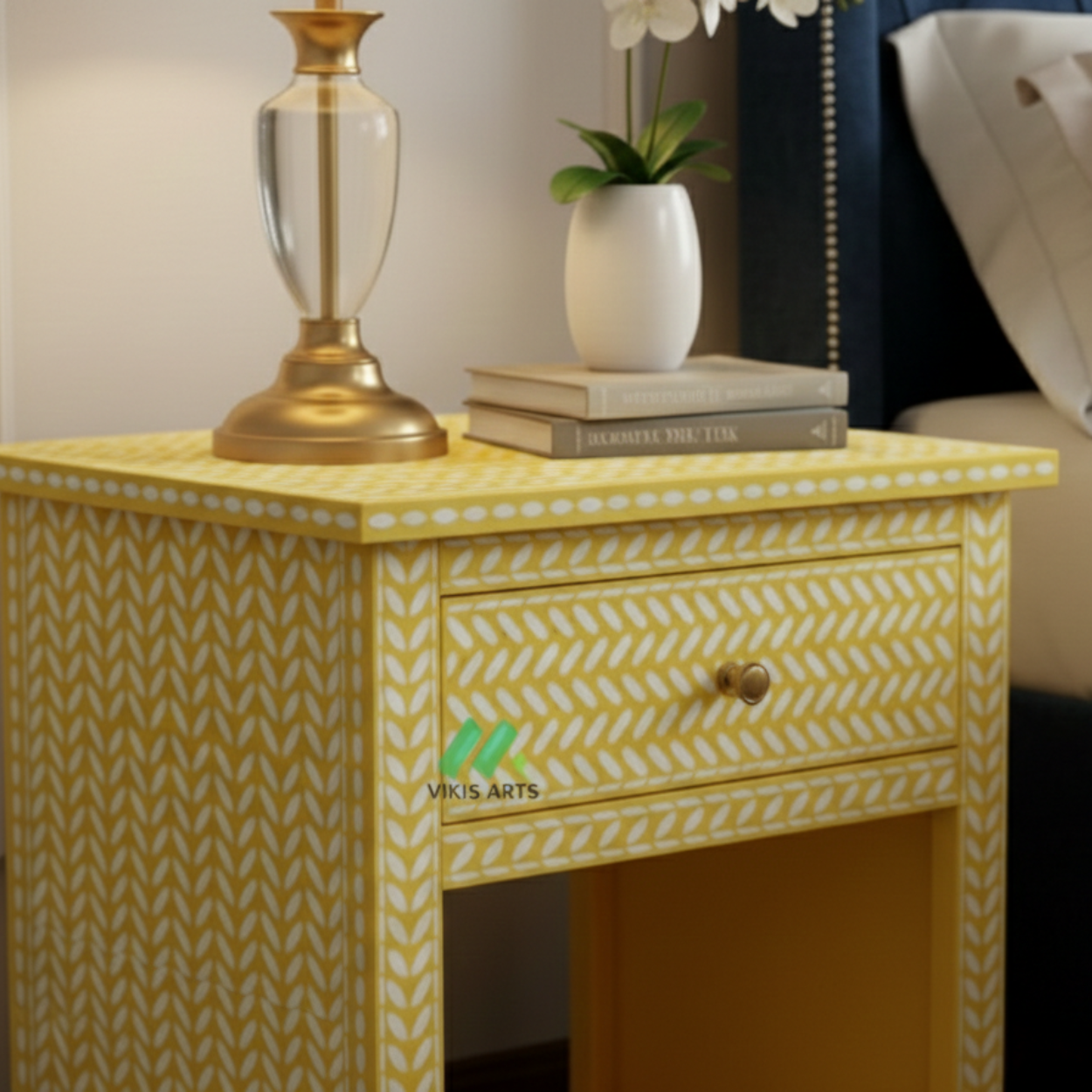 Bone Inlay Yellow Bedside Table with 1 Drawer - Image 5