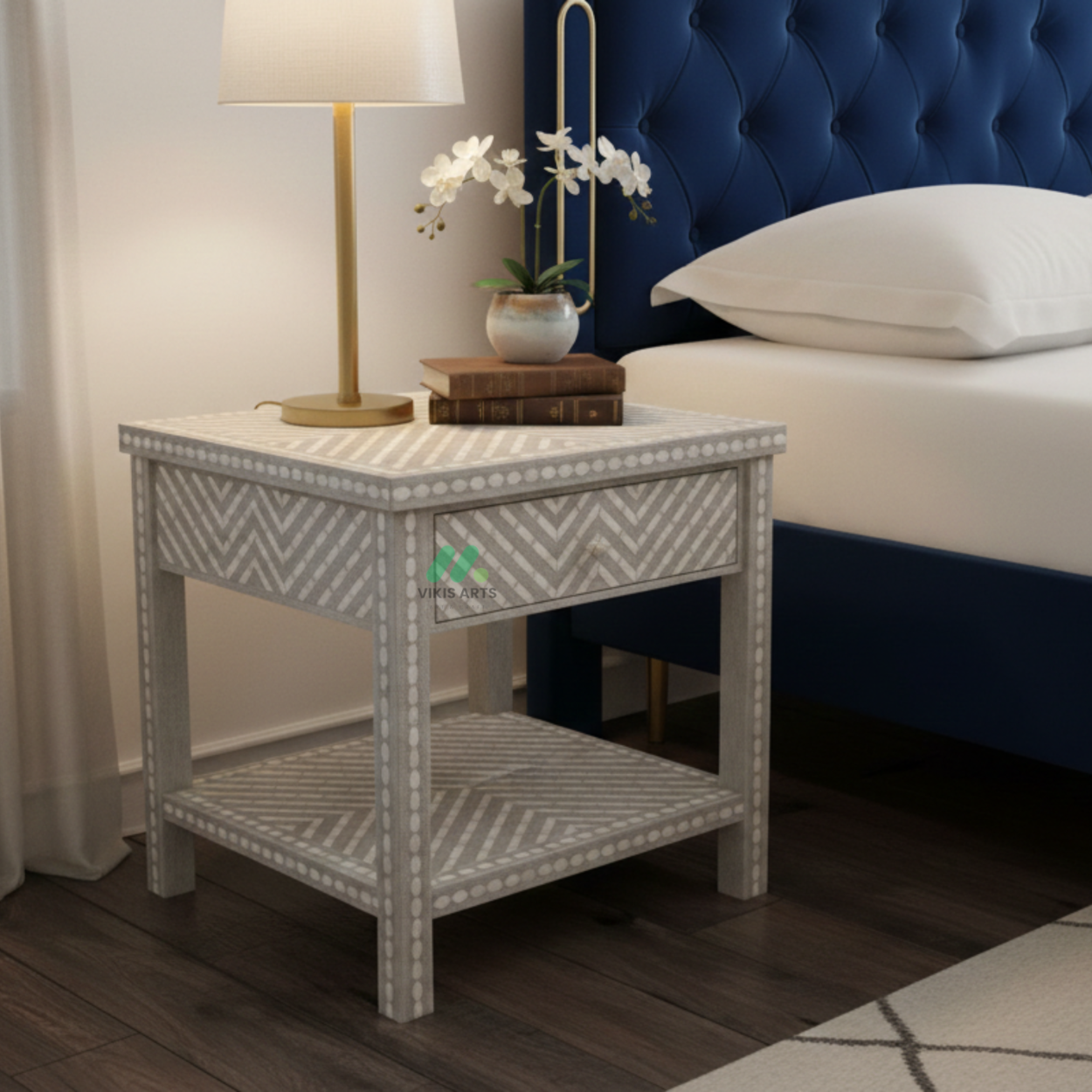Bone Inlay Grey Bedside Table