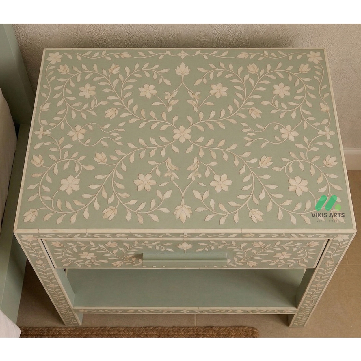 Bone inlay Light green bedside table with 1 Drawer - Image 3