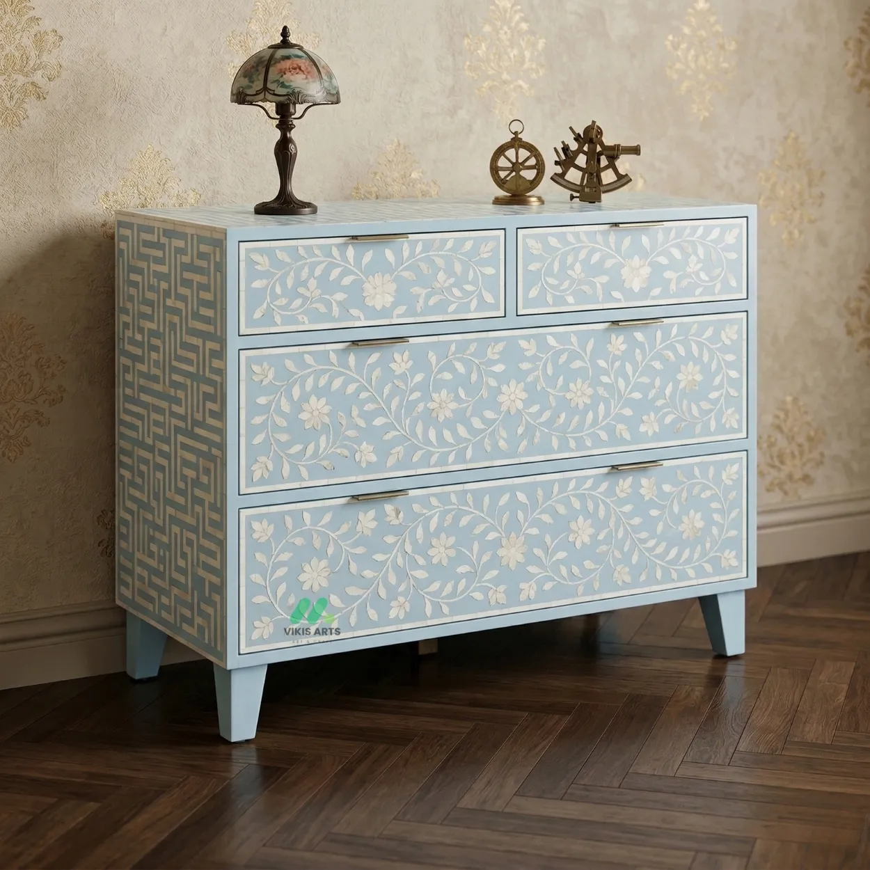 Bone Inlay Light Blue 4 Chest of Drawer