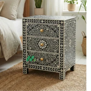 Bone inlay Black bedside table with 3 drawers