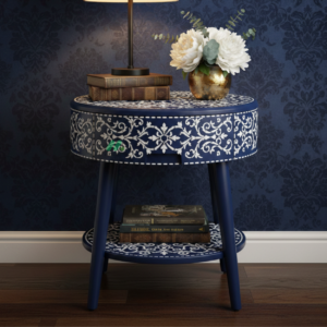 Bone Inlay Navy Blue Round Nightstand