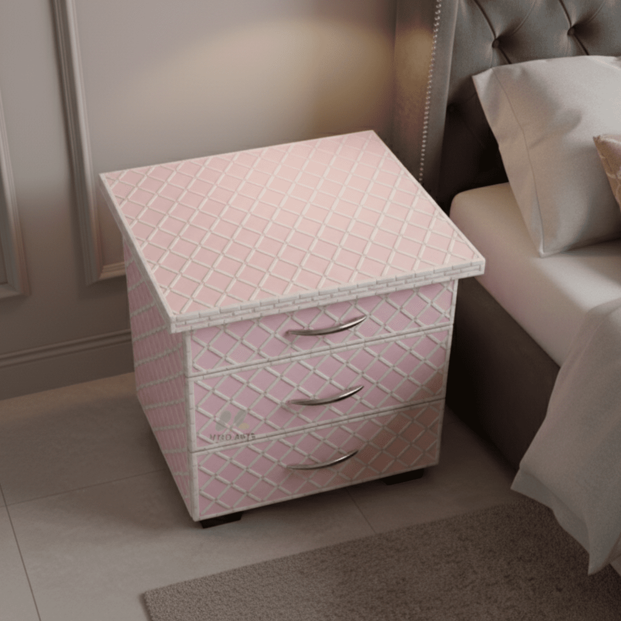 Bone Inlay Pink Bedside Table with 3 Drawer - Image 3