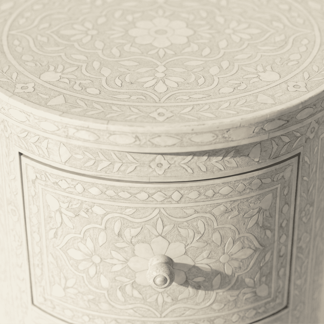 Bone inlay White Round bedside table with 2 Drawers - Image 6