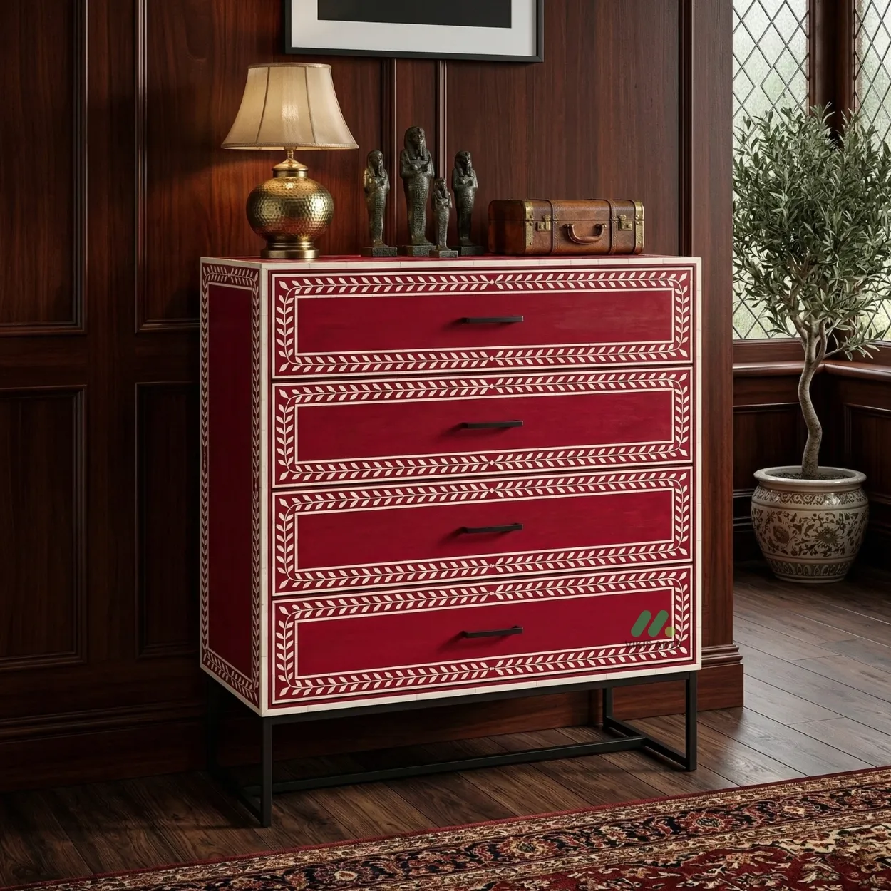 Bone Inlay Red 4 Chest of Drawer