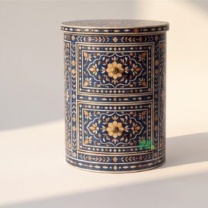 Bone Inlay Blue Round bedside table with 2 Drawer