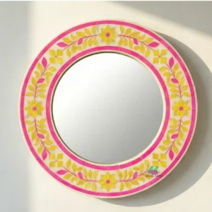 Bone Inlay Pink and Yellow Round Mirror Frame