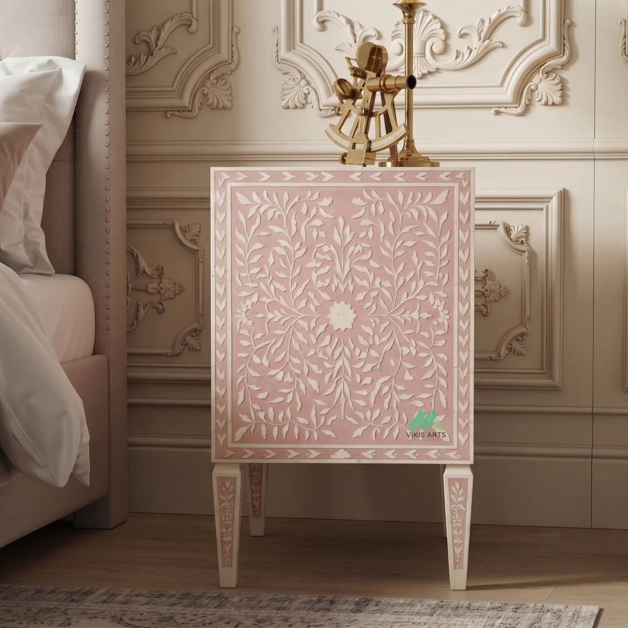 Handmade Bone Inlay Pink Bedside Table - Image 5