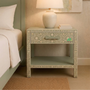 Bone inlay Light green bedside table with 1 Drawer
