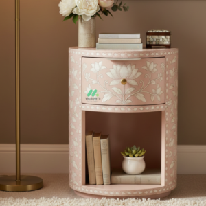 Bone Inlay Pink Round Bedside Table